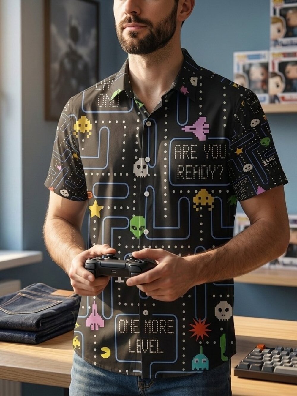 Retro Arcade Pixel Gamer Shirt • All‑Over Print Button‑Up • Unisex Casual Street